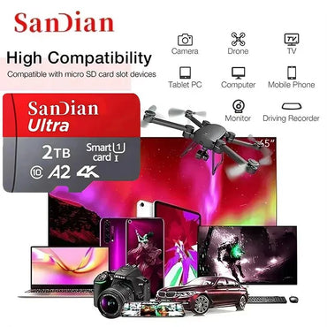 High Speed Micro TF SD Card 256GB 512GB Memory Card A2 V30 SD Memory Cards 1TB 2TB Mass Capacity Cards for Smartphone/PC/Laptop