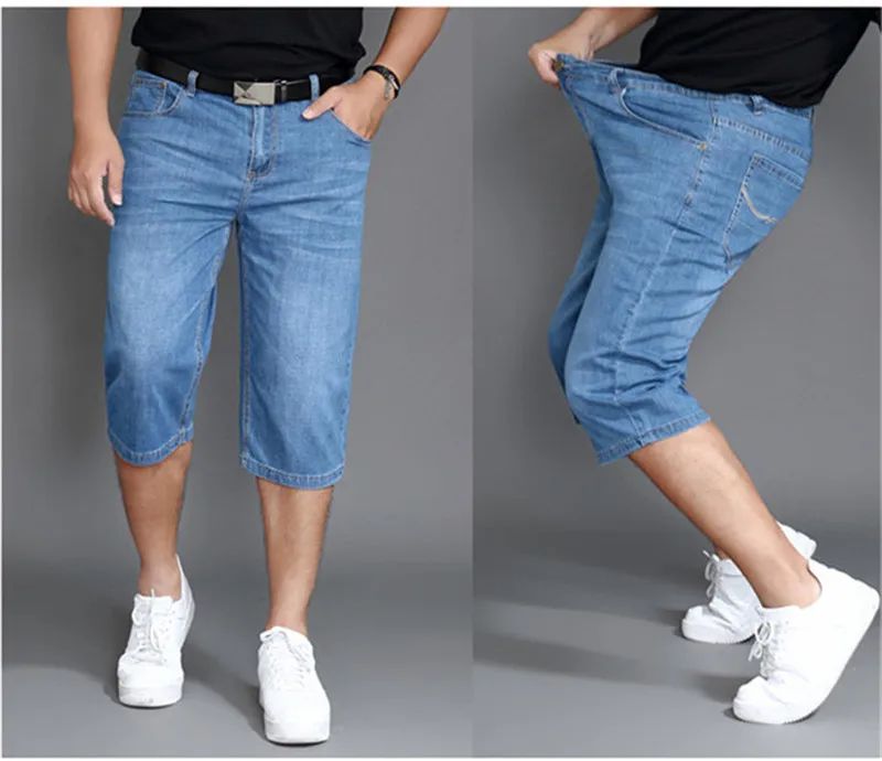 Summer Shorts Calf Length Trousers Plus Size 48 42 Men Denim Elastic Stretched Thin Jean Oversized Classic Straight Streetwear