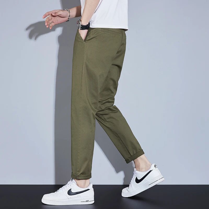 Casual Men Orange Loose Straight Business Pants Green Khaki Elastic Waist Trousers Soft Cotton Lyocell Fabric Korean Cargo Pants