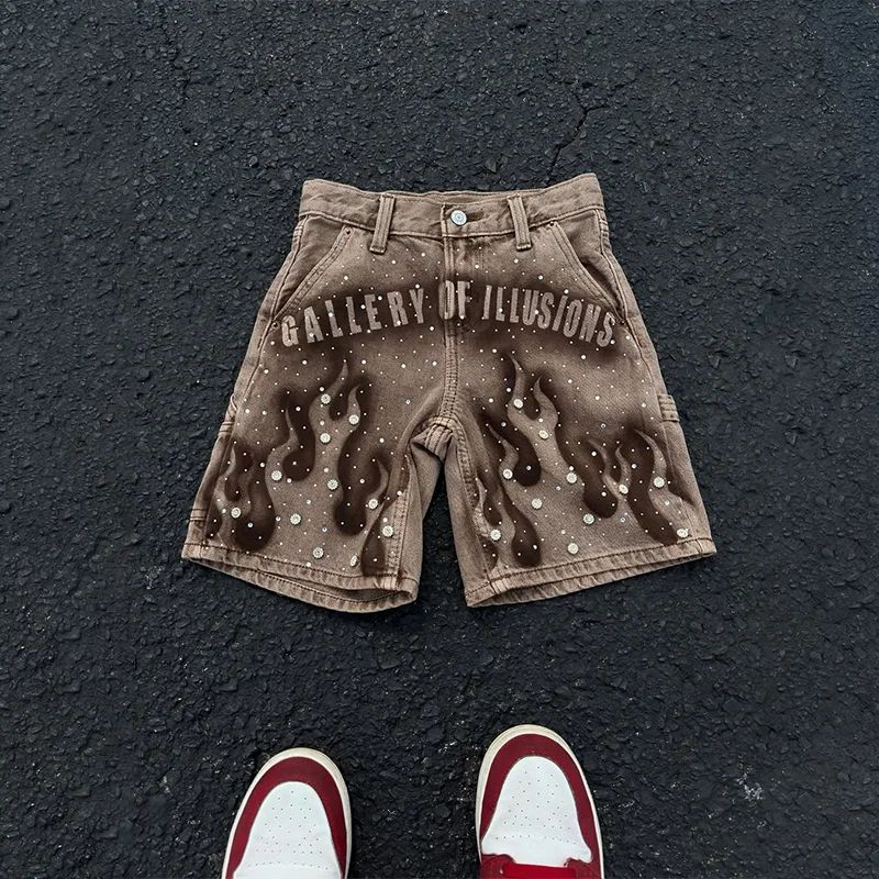 Goth Print Silk Jeans Men Shorts Street Harajuku Hiphop Vintage High Waited Denim Shorts of Men Clothing Casual Loose Pants Mens