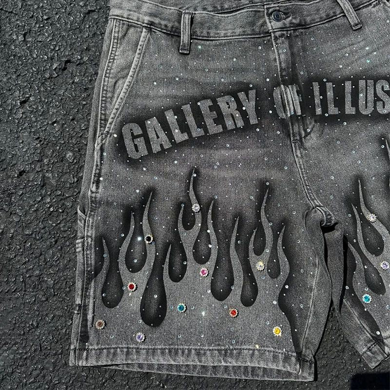 Goth Print Silk Jeans Men Shorts Street Harajuku Hiphop Vintage High Waited Denim Shorts of Men Clothing Casual Loose Pants Mens