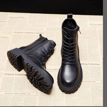Autumn new mid length Boots Black anti slip trendy Footwear Fashion laceup boots Ladies thick heeled casual shoes Botas Zapatos
