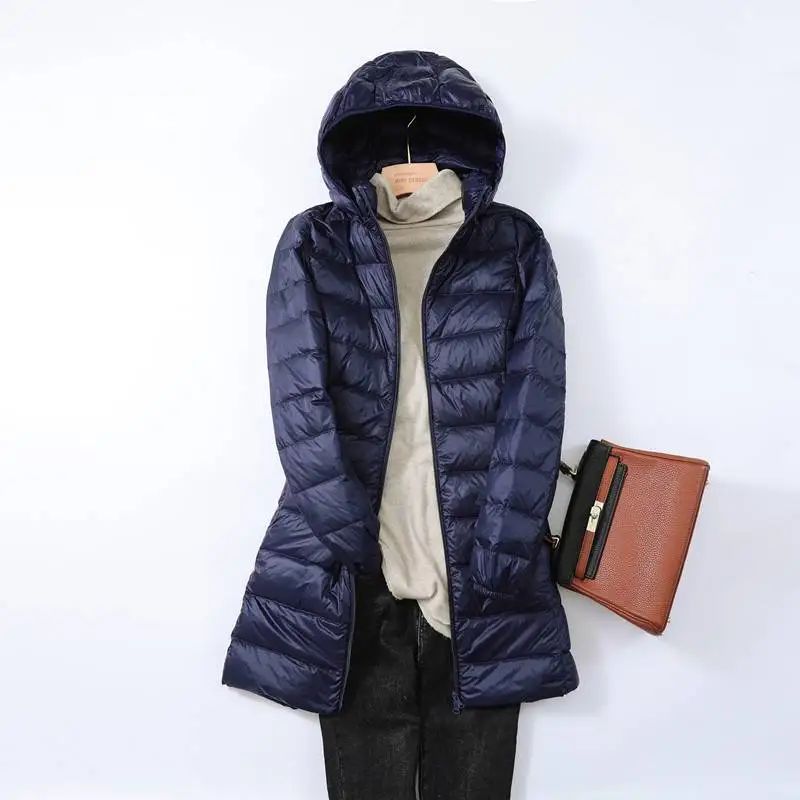 Hoody Long White Duck Down Coat Autumn Winter Portable Hooded Puffer Down Jacket Women Casual Double Zipper Windproof Thin Light