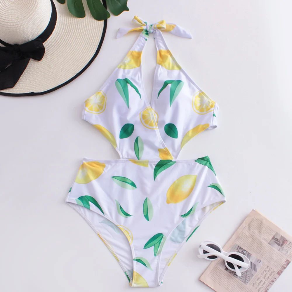 V-neck Halter Bikini Hollow Out Bandage Backless Monokini Vacation Swimwears Women Swimsuit Brazilian Beach Outfit Bathing Suits