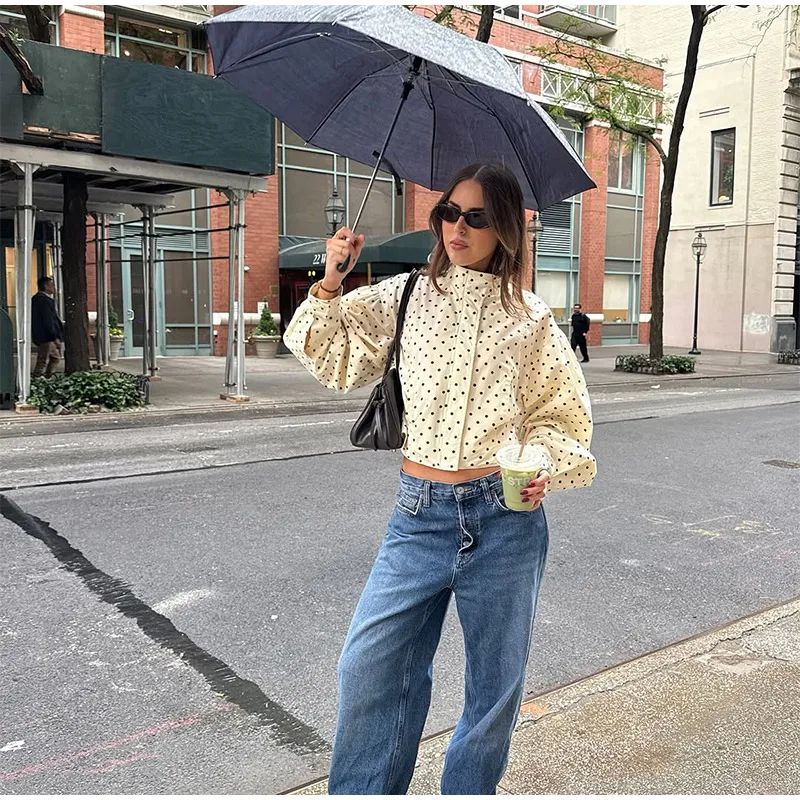 Polka Dot Stand Neck Short Jackets Women Fashion Long Sleeve Patchwork Contrast Slim Coats Casual Lady Street Commute Outerwear
