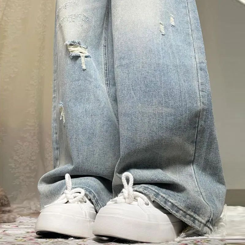 High Waist Wide Leg Straight Cut Jeans Women's Light Wear Distressed Design plus Size Pear Shape Hole Denim Pants