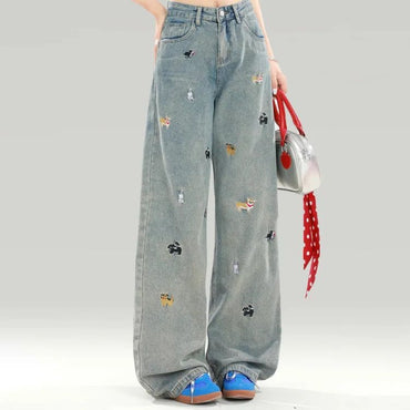 Plus Size Women's Black Dog Embroidery Loose Wide Leg Jeans High Waist Straight Cut Slimming Denim Pants Spring Autumn