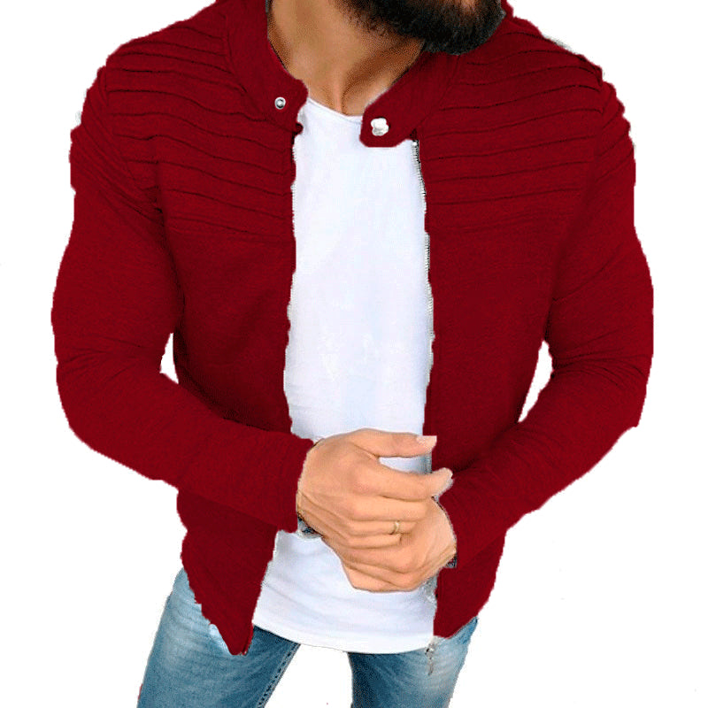 Autumn Sports Casual Men Jacket Men's Pleats Slim Stripe Fit Jacket Zipper Long Sleeve Coat Cardigan Coat