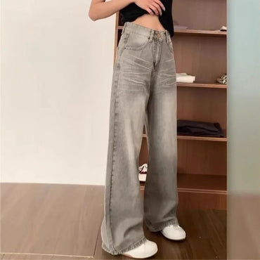 High Waist Wide Leg Jeans Women's Vintage Spring Autumn Slimming Straight Floor-Length Pants American Style Loose Fit