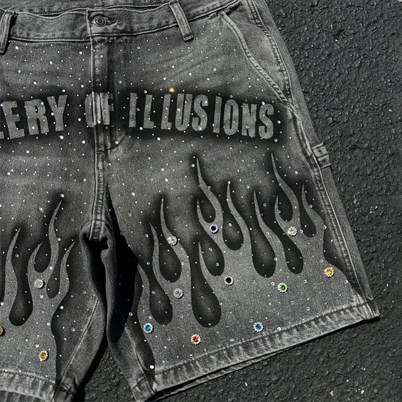Goth Print Silk Jeans Men Shorts Street Harajuku Hiphop Vintage High Waited Denim Shorts of Men Clothing Casual Loose Pants Mens