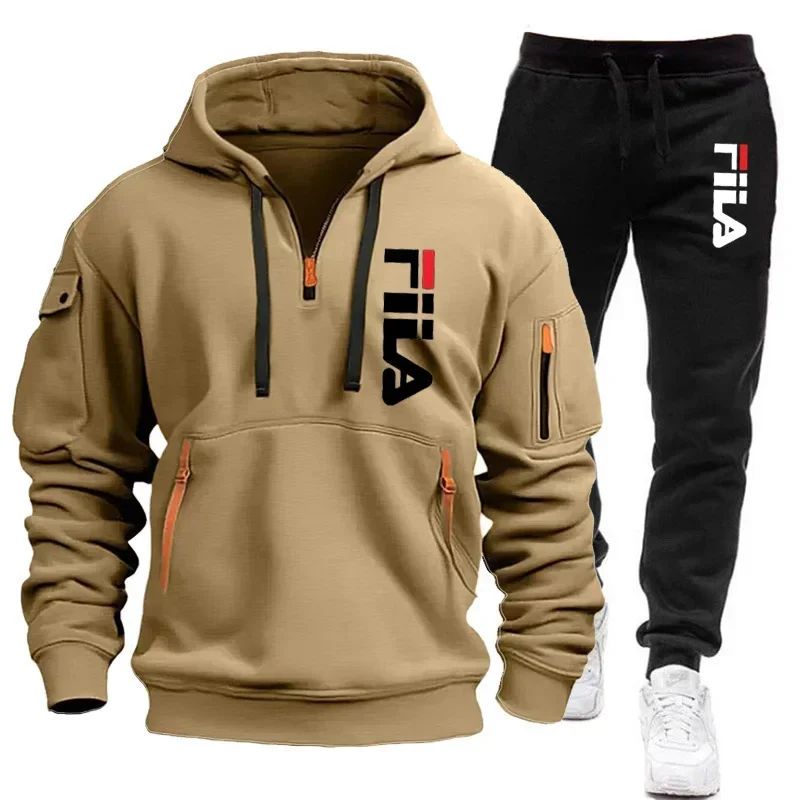 Conjunto masculino outono/inverno 2025, novo moletom masculino com capuz + calça comprida duas peças, agasalho esportivo masculino com vários bolsos para atividades ao ar livre