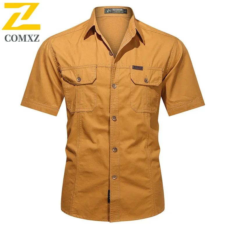 New Men's Work Shirt Casual Retro 100% Cotton Short Sleeve Flying Cargo Shirt Men's Summer Fishing Hunting Multi Pocket Shirt
