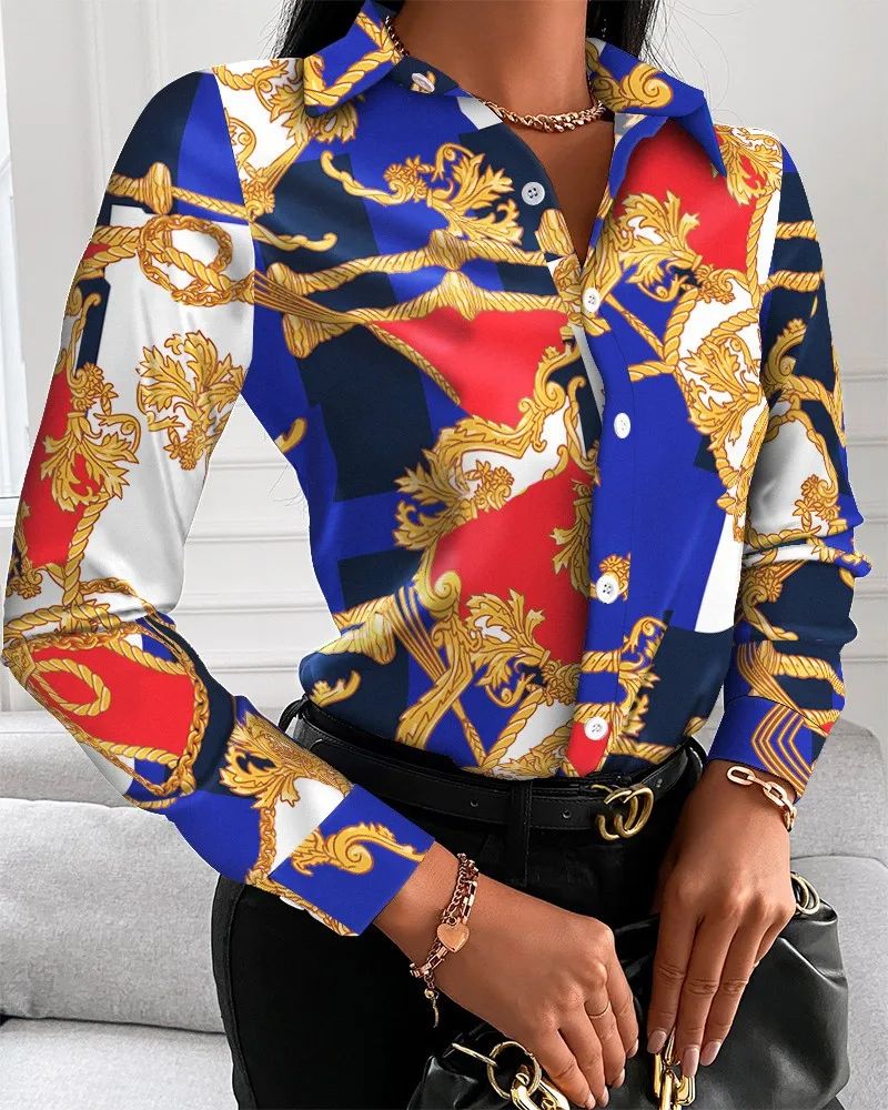 Summer New Women's Long-sleeved Shirt, Single-breasted Printed Shirts Fashion Casual Tops Camisa Female Chemise S-XXL