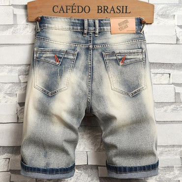 2025 New Patchwork Vintage Old Denim Shorts Men's Summer High Street Fashion Brand Five Points Medium Pants Motorcycle Zipper