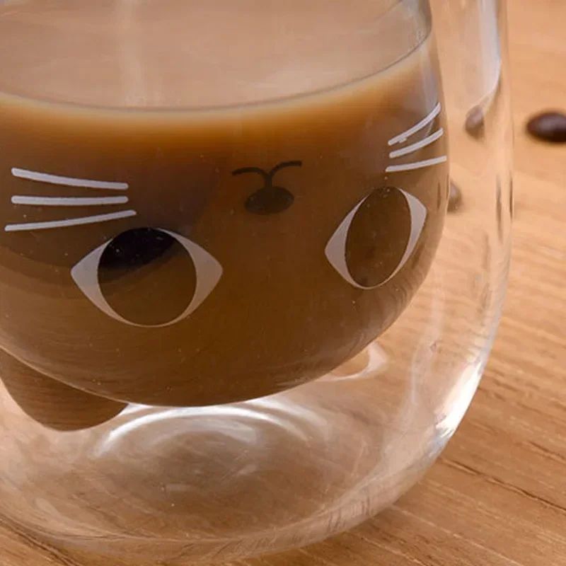 Copo de Vidro de Parede Dupla Gato Criativo 250ml com Alça Copo de Café Fofo Caneca Resistente ao Calor Utensílio de Cozinha para Escritório