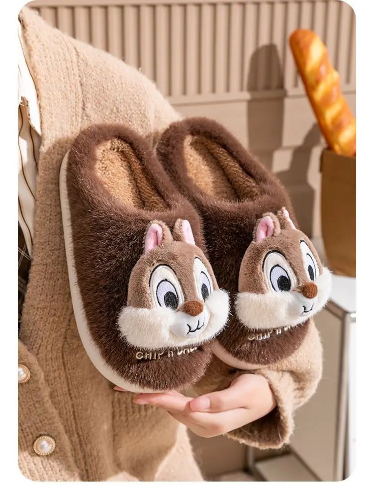 Chinelo de algodão de pelúcia com desenho animado Disney Tico e Teco, fofo, para homens e mulheres, confortável, macio, antiderrapante, resistente ao desgaste e quente para o inverno