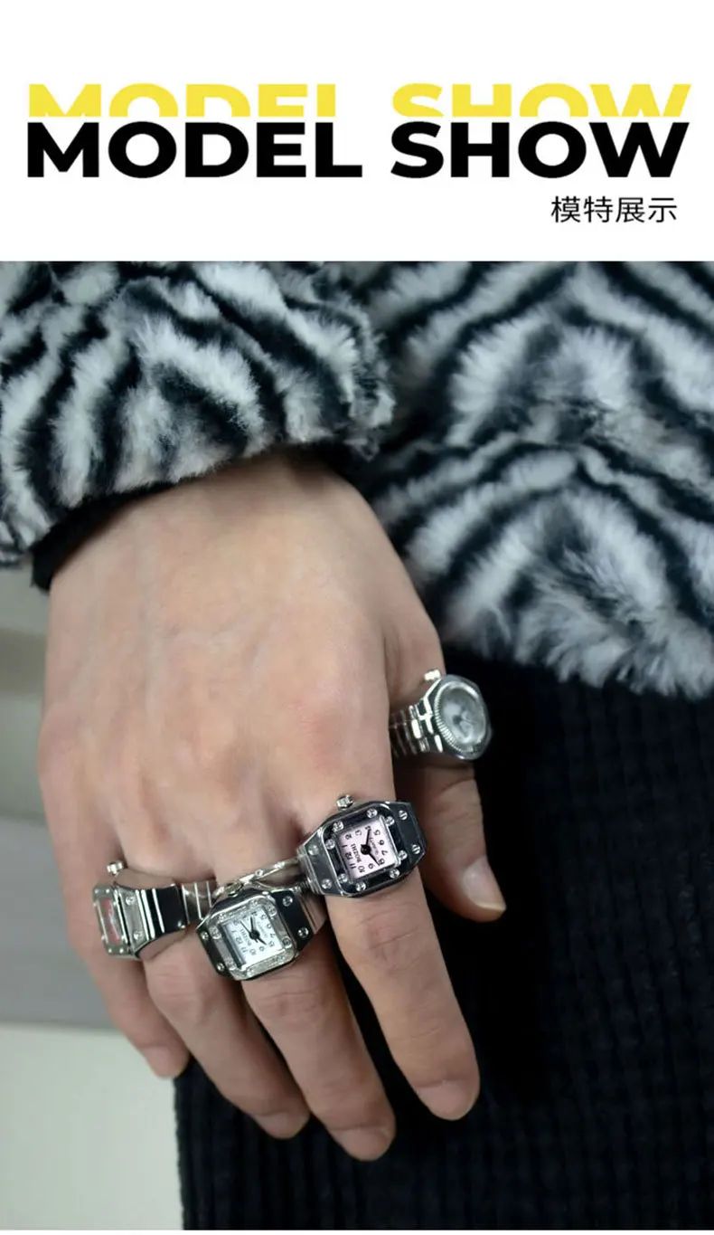 Vintage Punk Finger Watch Mini Elastic Strap Alloy Watches Couple Rings Jewelry Clock Retro Roman Quartz Watch Ring Women Men