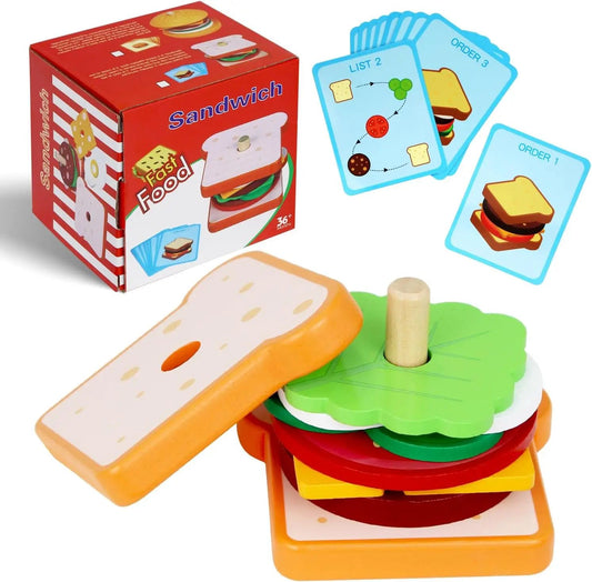 Wooden Burger Sandwich Stacking Toys For Toddler Kids Preschool Learning Educational Toys Pretend Play Food Kitchen Toys Gifts