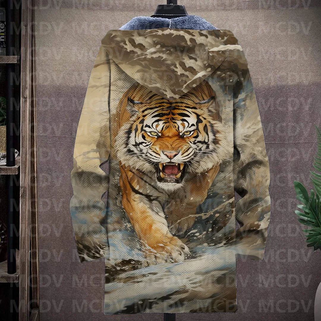 Men's Retro Print Plush Thick Long-Sleeved Coat Cardigan Tiger 3D Prined Fleece Hooded Overcoat Unisex Thick Warm Jacket