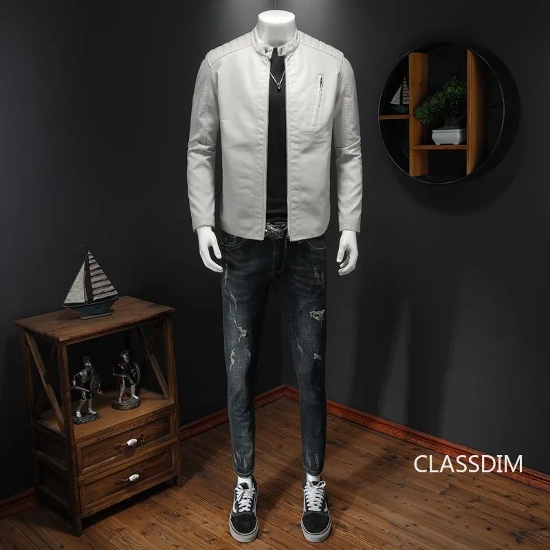 Men White Locomotive Leather Jackets Moto Biker Pu Leather Coats High Quality Male Spring Autumn Slim Leather Jackets Size 5XL