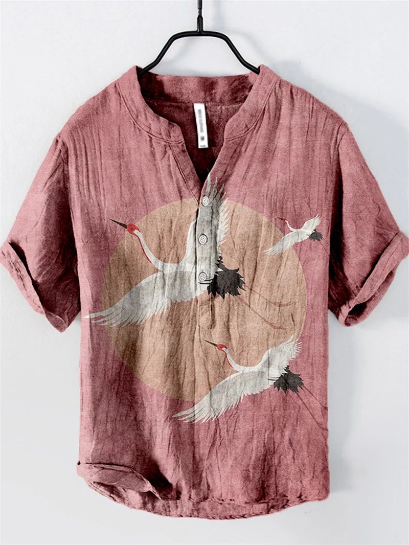 Henry men's casual fashion outdoor seaside men's tops shirt V-neck linen shirt 2024 new plus size