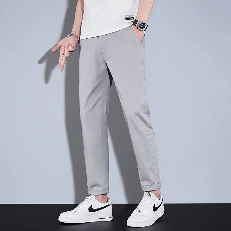 Casual Men Orange Loose Straight Business Pants Green Khaki Elastic Waist Trousers Soft Cotton Lyocell Fabric Korean Cargo Pants