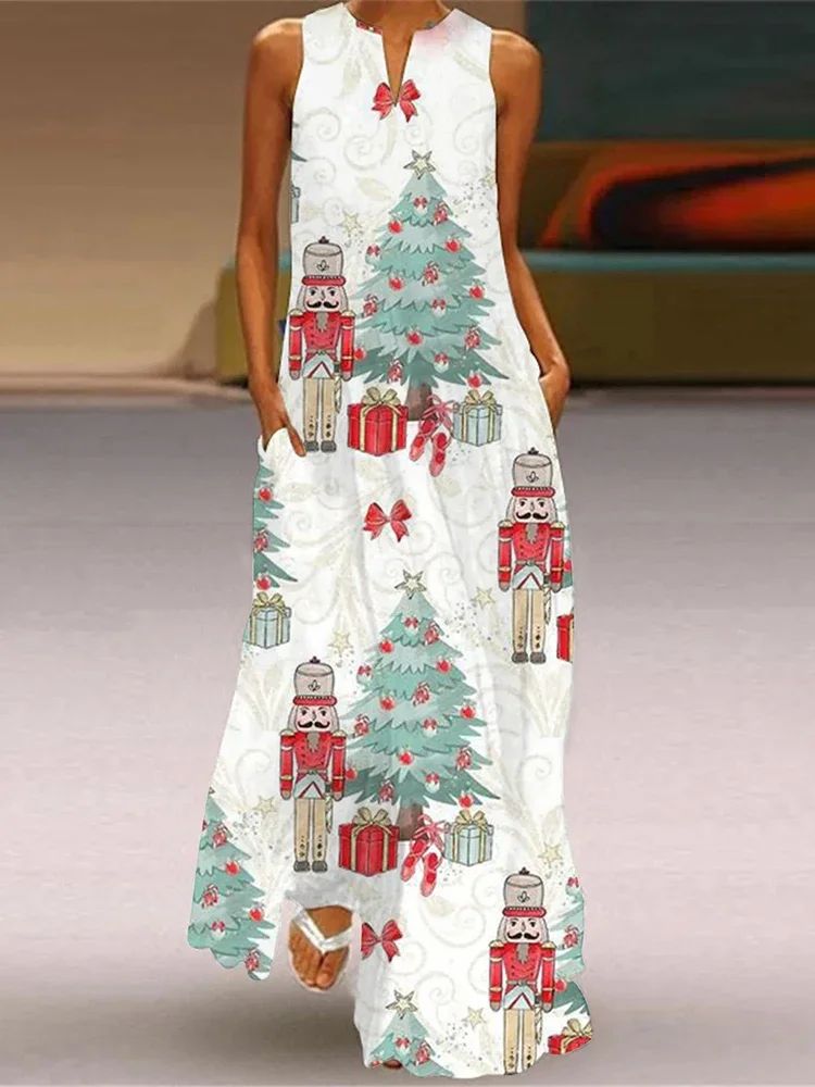 Christmas Dress For Womens Cute CartoonChristmas Element Pattern Print Maxi Dress Sexy Sleeveless V-neck Casual Long Dress Robe