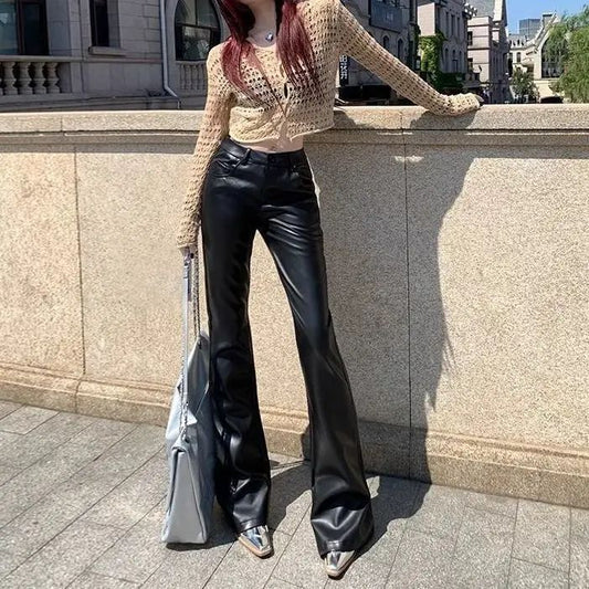 High Waist Woman Trousers Sexy Black PU Leather Flare Pants For Women Vintage Harajuku Elastic One Size Clothing Elegant Sale G