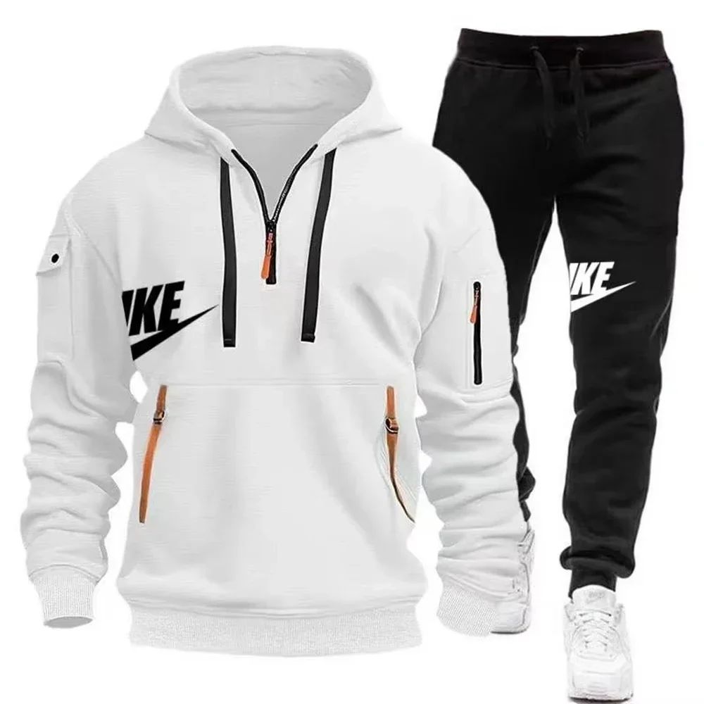 2025 Novo terno masculino de outono e inverno com zíper, moletom com capuz + calças, terno casual masculino esportivo quente