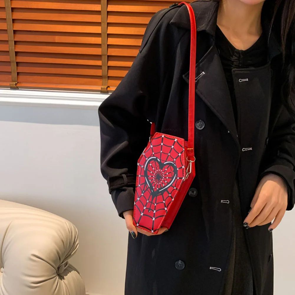 Women Fashion Shoulder Bag Large Capacity Coffin Shaped Casual Satchel Bag Adjustable Strap Spider Web PU Leather Chic Hobo Bag