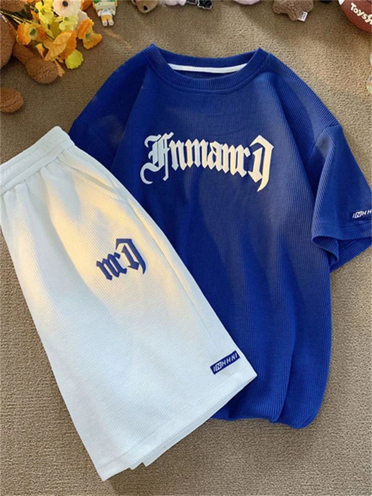 Summer Oversize Casual Fashion tracksuit Loose Jogging Waffle Suit Men Loose Short-sleeve tshirt + Sports Shorts 2pcs Set Outfit