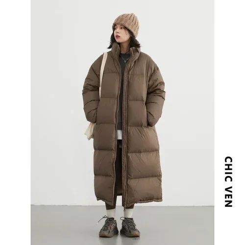 CHIC VEN Women Down Coats New Long Thick Warm Down Jackets Overcoat White Duck Down Loose Casual Jacket Autumn Winter 2023