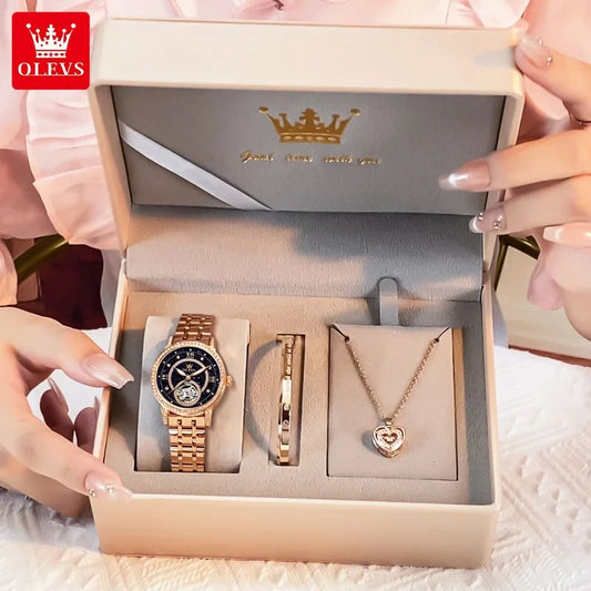 OLEVS Hollow Women's Watch Fully Automatic Mechanical Watch Luxury Diamond Inlaid Starry Sky Elegant Women's Brand Watch 7036