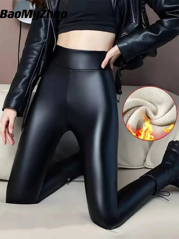 2024 Autumn Winter Velvet Thick Warm Leather Pants Women Elastic PU High Waist Leggings Black Casual Slimming Fleece Trousers