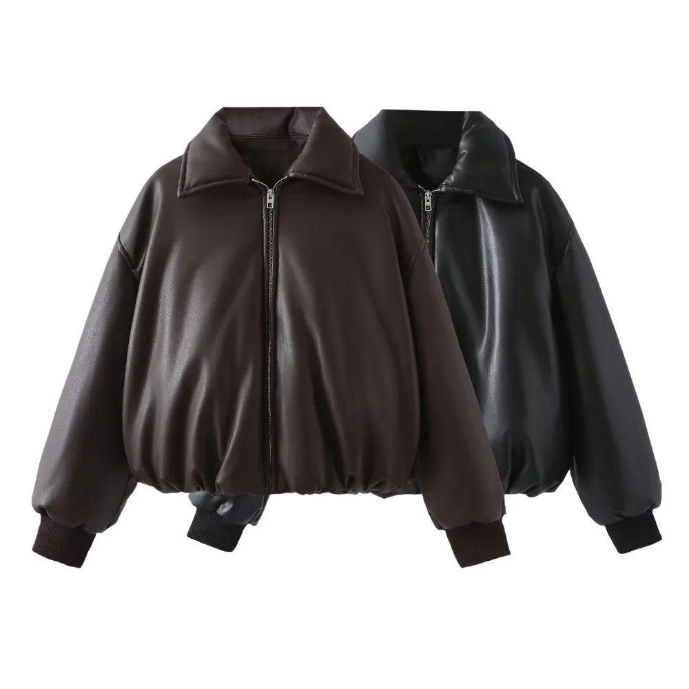 2025 Fall Winter Faux Leather Jacket for Women Oversized Streetwear Cotton Padded Parkas Short Bomber Coat Warm