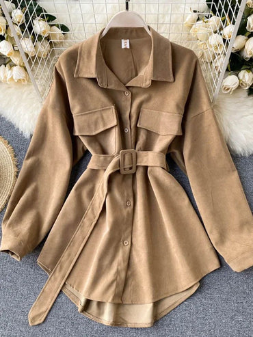 Women Spring Autumn Shirts Retro Cargo Style Pockets Long-Sleeved Shirt Puff Sleeve Bandage Nipped Waist Tops Female PL438