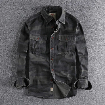 Men's Double Pocket Long Sleeve Shirts Camouflage Cargo Shirts High Quality 100% Cotton Outdoor Hiking Sports Casual Shirts
