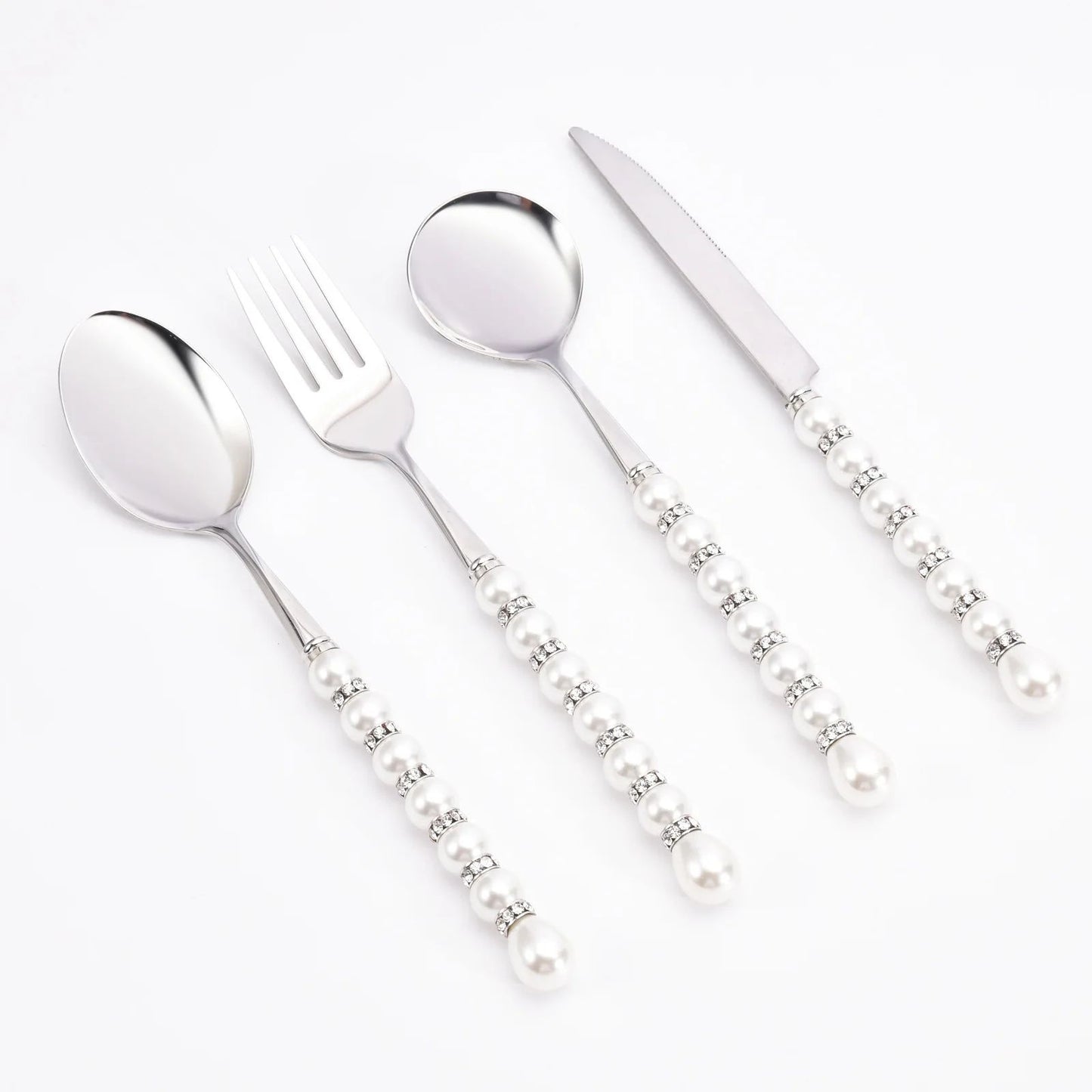 Conjunto de talheres luxuosos de aço inoxidável 304 com colher, garfo e faca, talheres com pérolas e diamantes, caixa de presente, utensílios para casa, cozinha e casamento