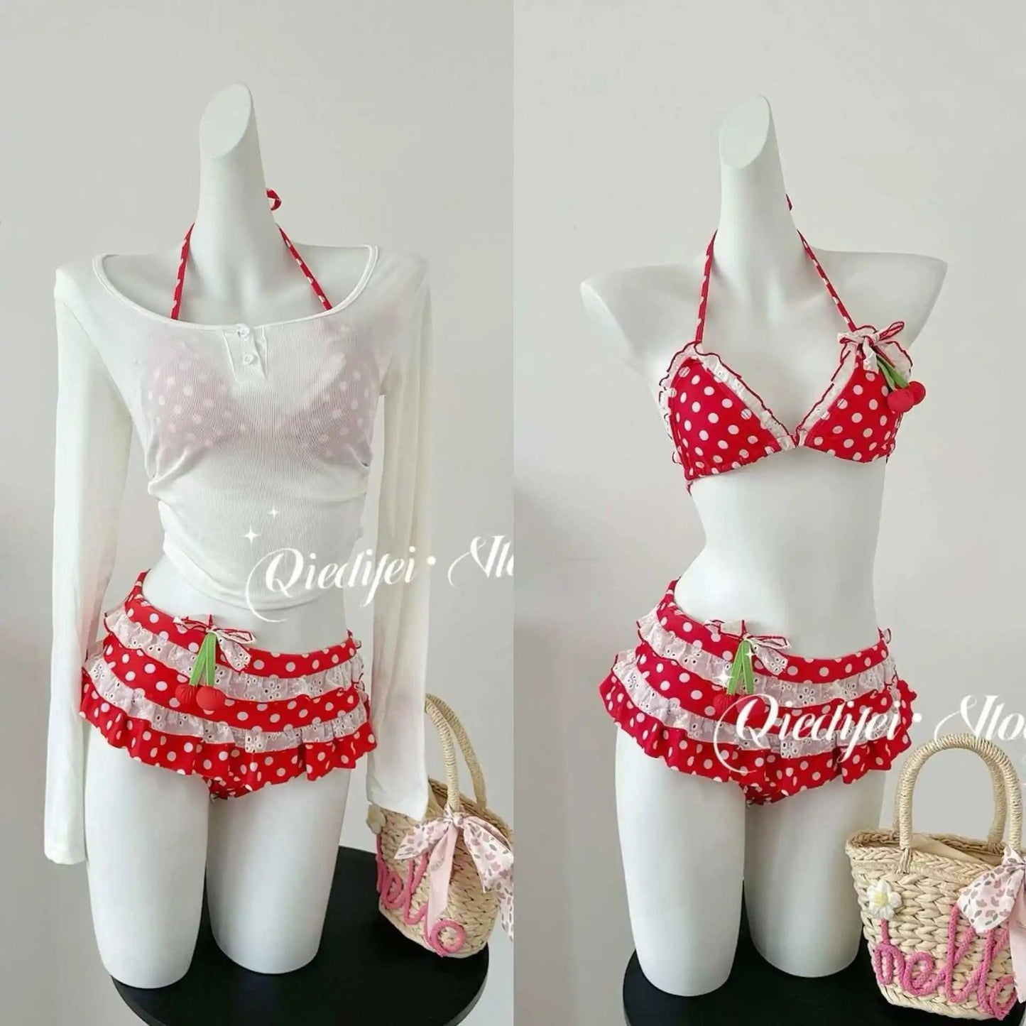 2025 New Bikini Set Cherry Pattern Three Pieces Cute Beach Vacation Swimsuit Ins Style Pure Desire Girl Adorable Split Design