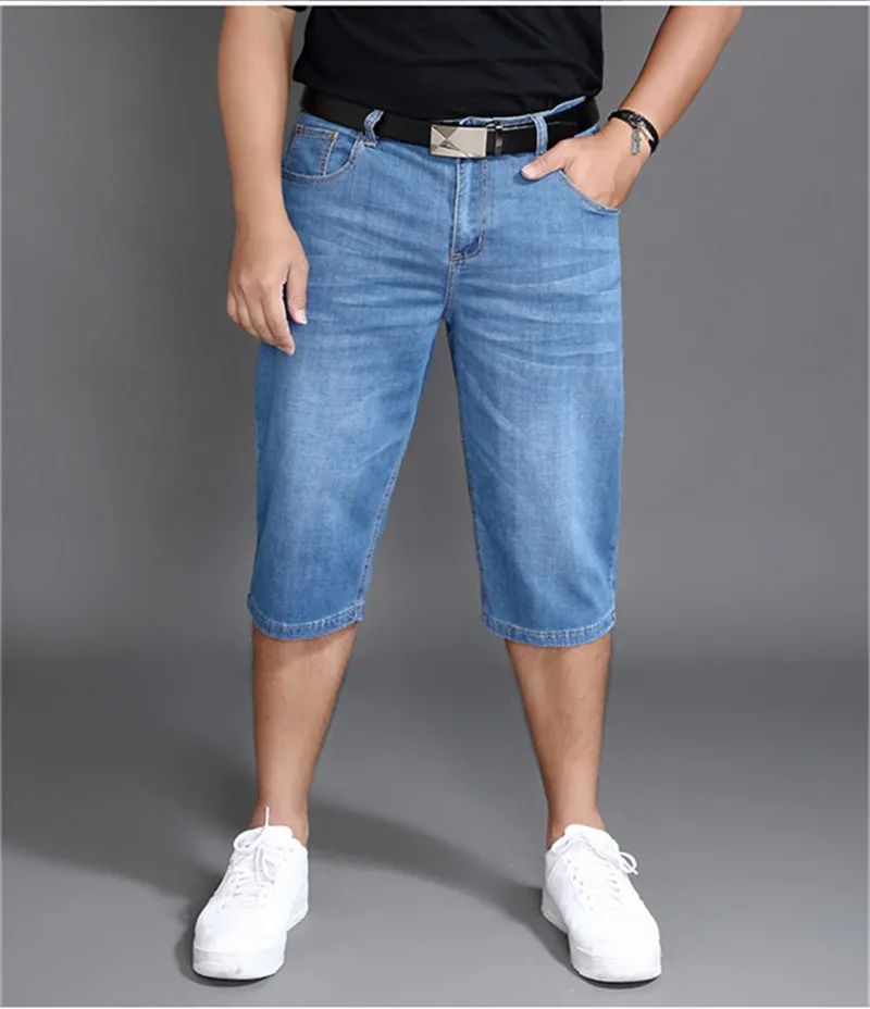 Summer Shorts Calf Length Trousers Plus Size 48 42 Men Denim Elastic Stretched Thin Jean Oversized Classic Straight Streetwear