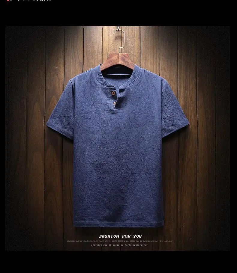 Men's Summer Loose-fit Short Sleeve Linen T-shirt Cotton Linen Body Solid Color Breathable V-neck Thin Top