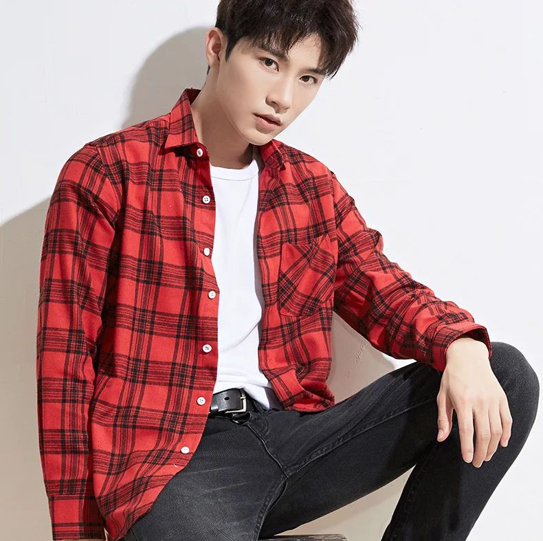 New in shirt fashion korean popular 40%cotton long-sleeve shirts for men slim fit plain shirt streetwear Casual plaid clothes