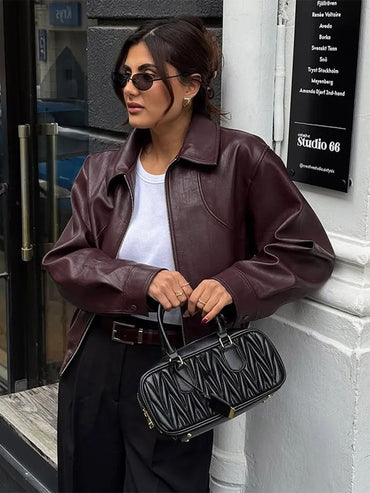 Full Sleeve Cropped Women Casual Slim Thin Motorcycle Coat Chic Zipper Lapel Wine Red Leather Jacket Lady New Highstreet Outwear