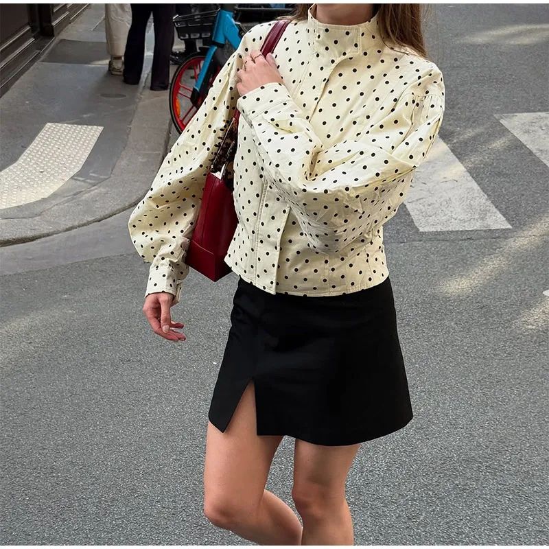 Polka Dot Stand Neck Short Jackets Women Fashion Long Sleeve Patchwork Contrast Slim Coats Casual Lady Street Commute Outerwear