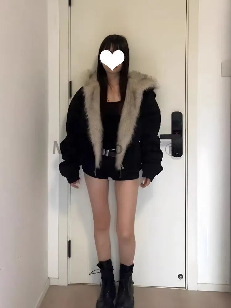 2000s Aesthetic Black Elegant Jacket Woman 2025 Winter Y2k Zip Up Hooded Design Harajuku Coat Female Loose Casual Chic Outfits