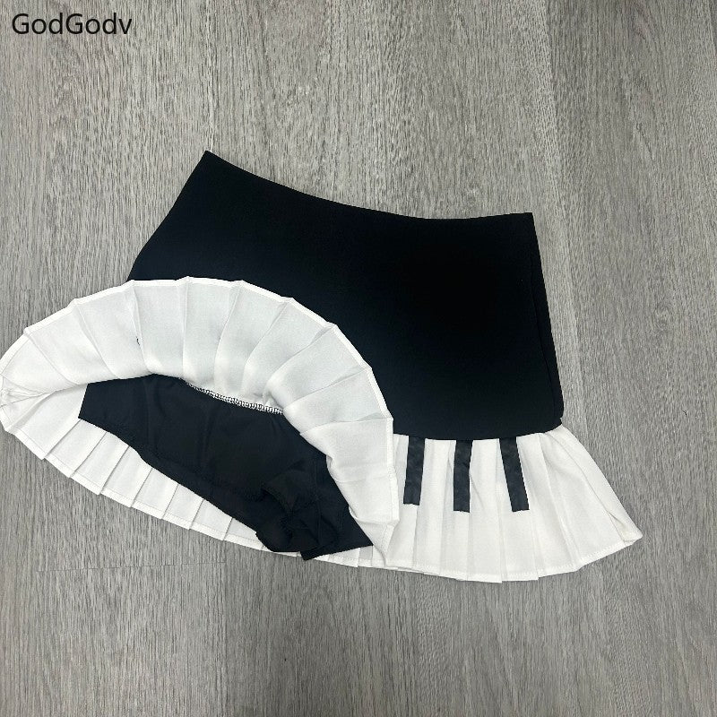 Spring Black White Spliced Women Short Skirt 2025 Y2k Slim Design Harajuku Mini
