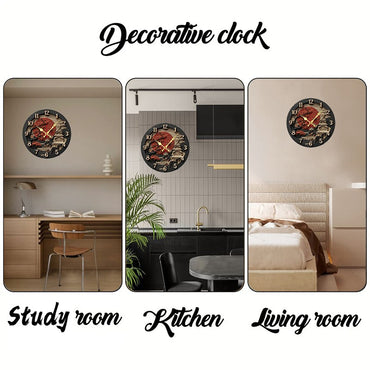 Samurai Themed Wooden Round Silent Hanging Wall Clock, Suitable For Living Room, Office, Study Room, Bedroom, Home Decoration