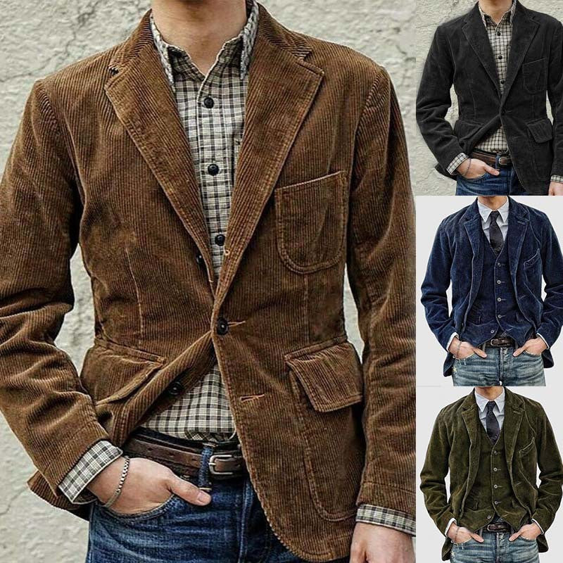 European and American Business Men's Casual Outerwear for Spring and Autumn, Fashion Button Slim Fit Corduroy Suit Coat S-XXXL