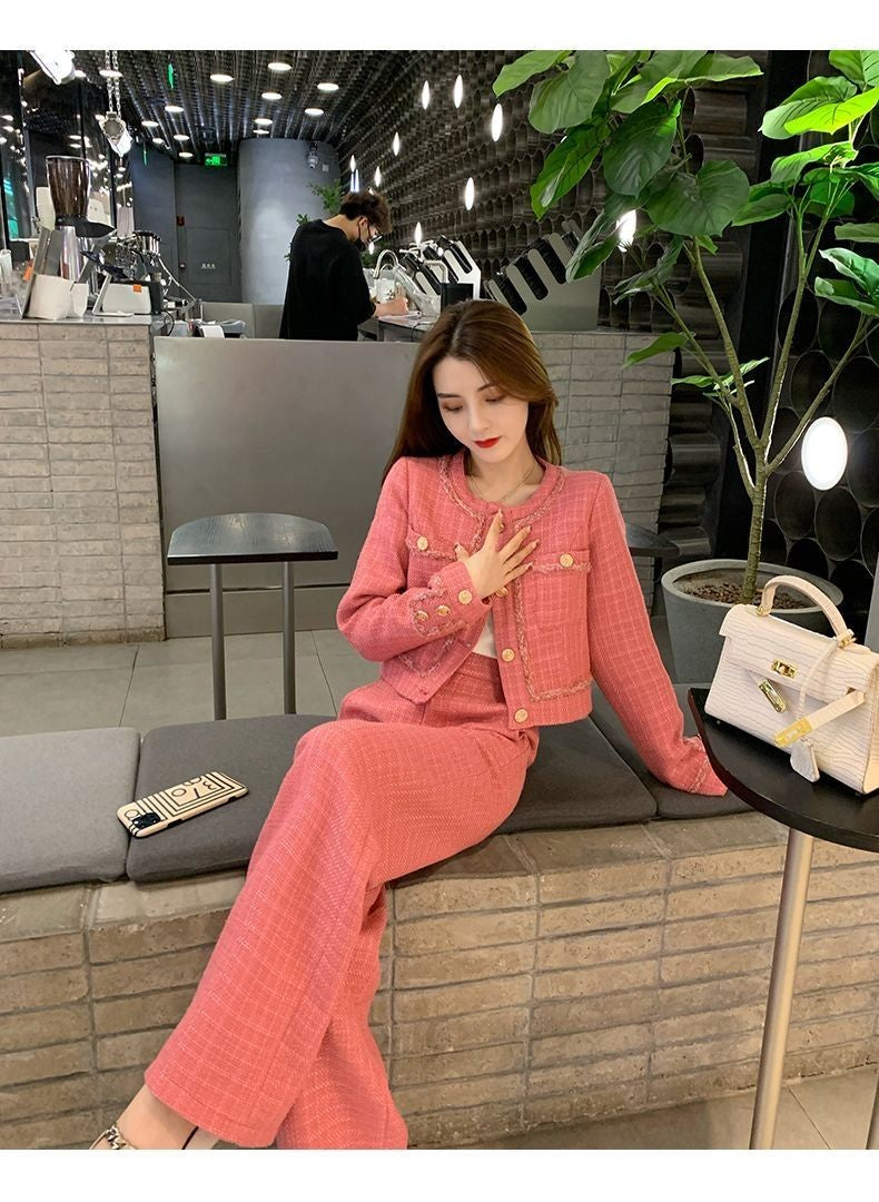 New High Quality Women's Spring Temperament Slim Senior Sense of Small Dress Ladies Wide Leg Pants Two-piece Set