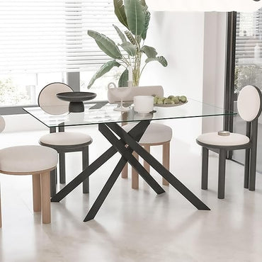 Rectangular Glass Dining Table for Four, 51.2 Modern Kitchen Table with Black Steel Legs